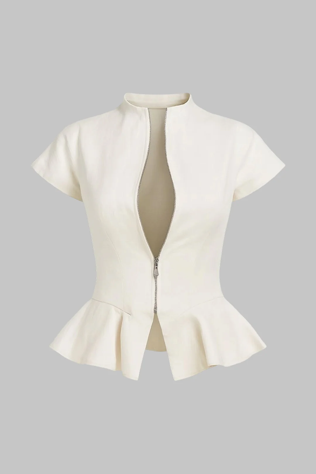 Mock Neck Ruffle Hem Zipper Short-Sleeve Shirt - Flockneti