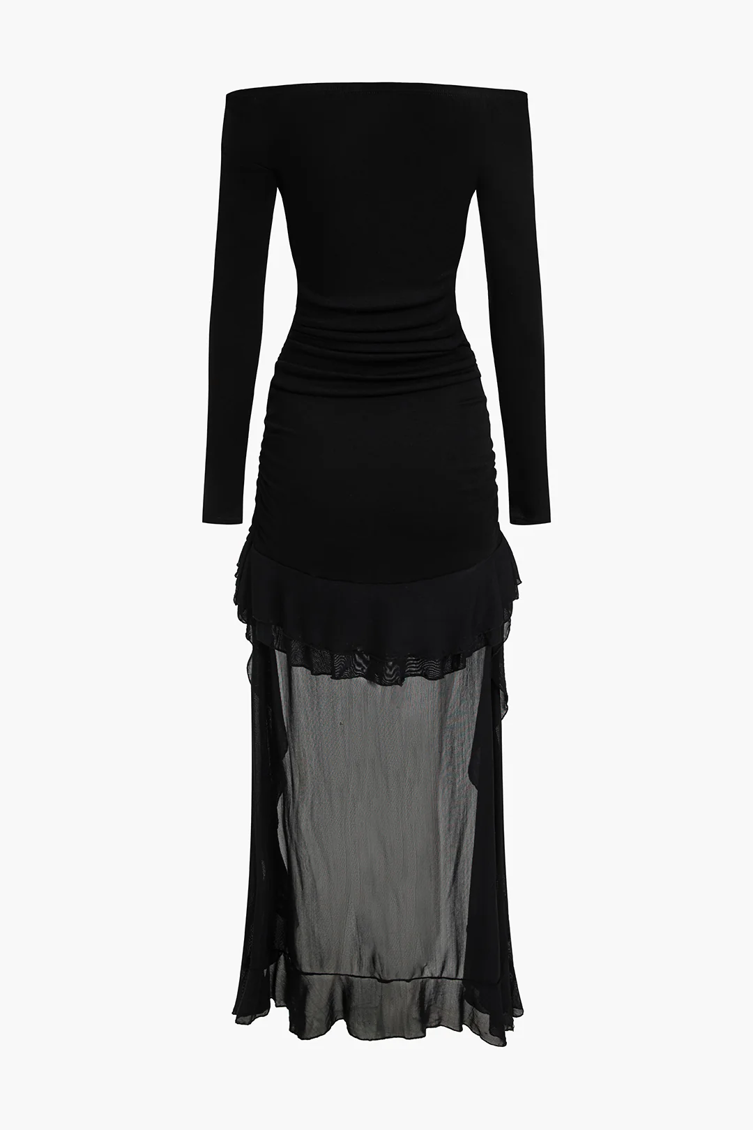 Off Shoulder Ruched Asymmetrical Ruffle Hem Long Sleeve Maxi Dress - Flockneti