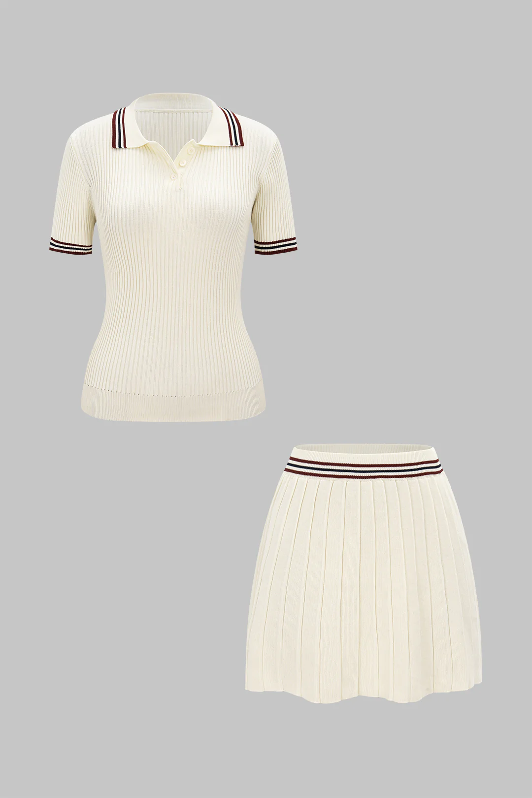 Knit Contrast Stripes Button Short-Sleeve Top And Mini Skirt Set - Flockneti