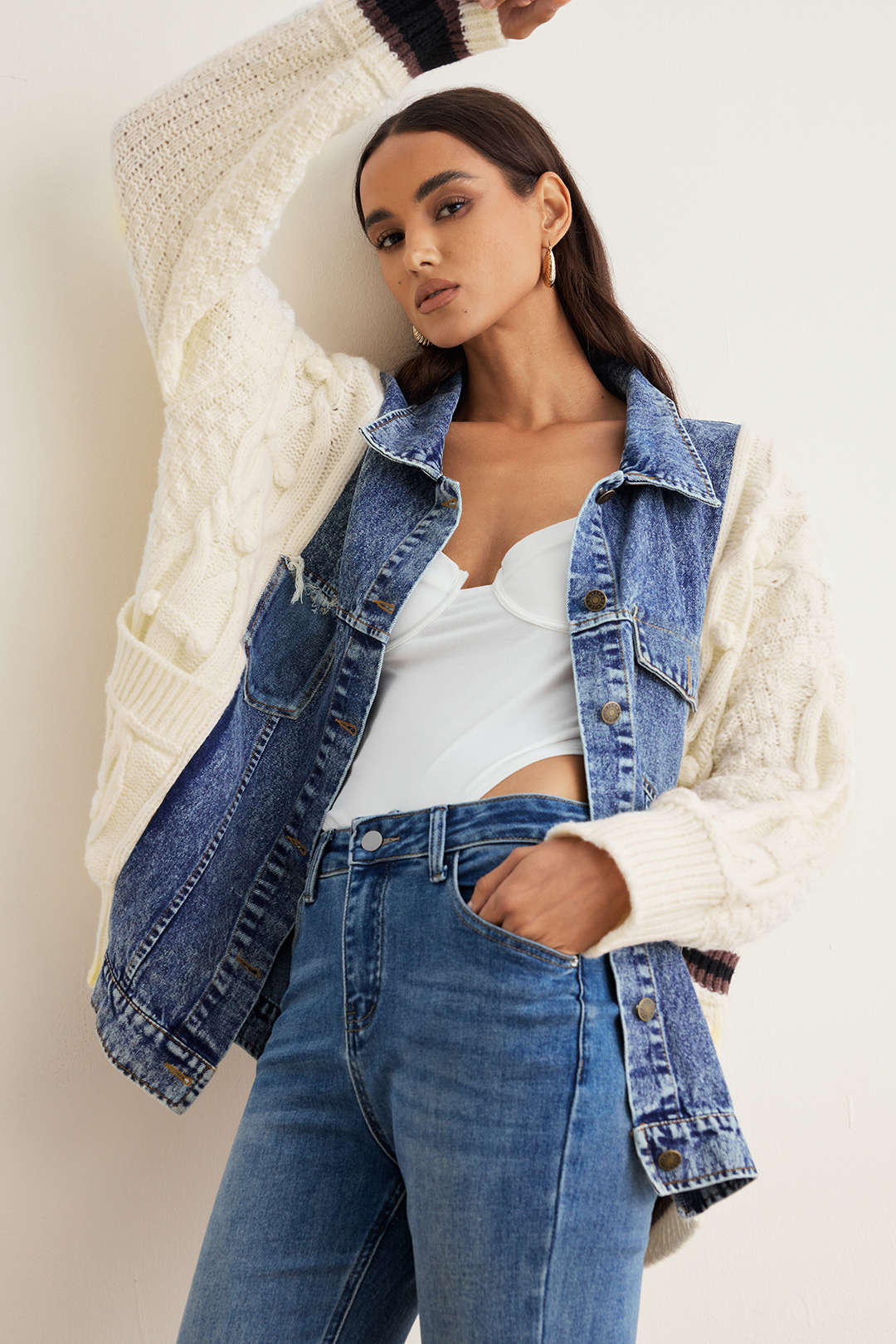 Knit Denim Patchwork Sweater Cardigan - Flockneti