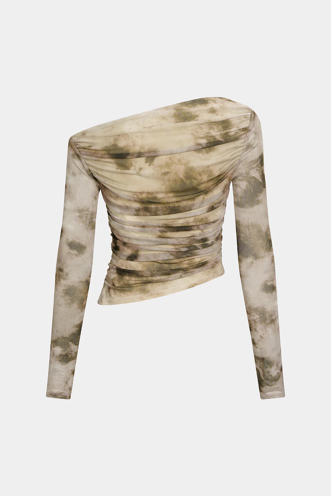 Abstract Print Mesh Off Shoulder Ruched Asymmetrical Long-Sleeve Top - Flockneti