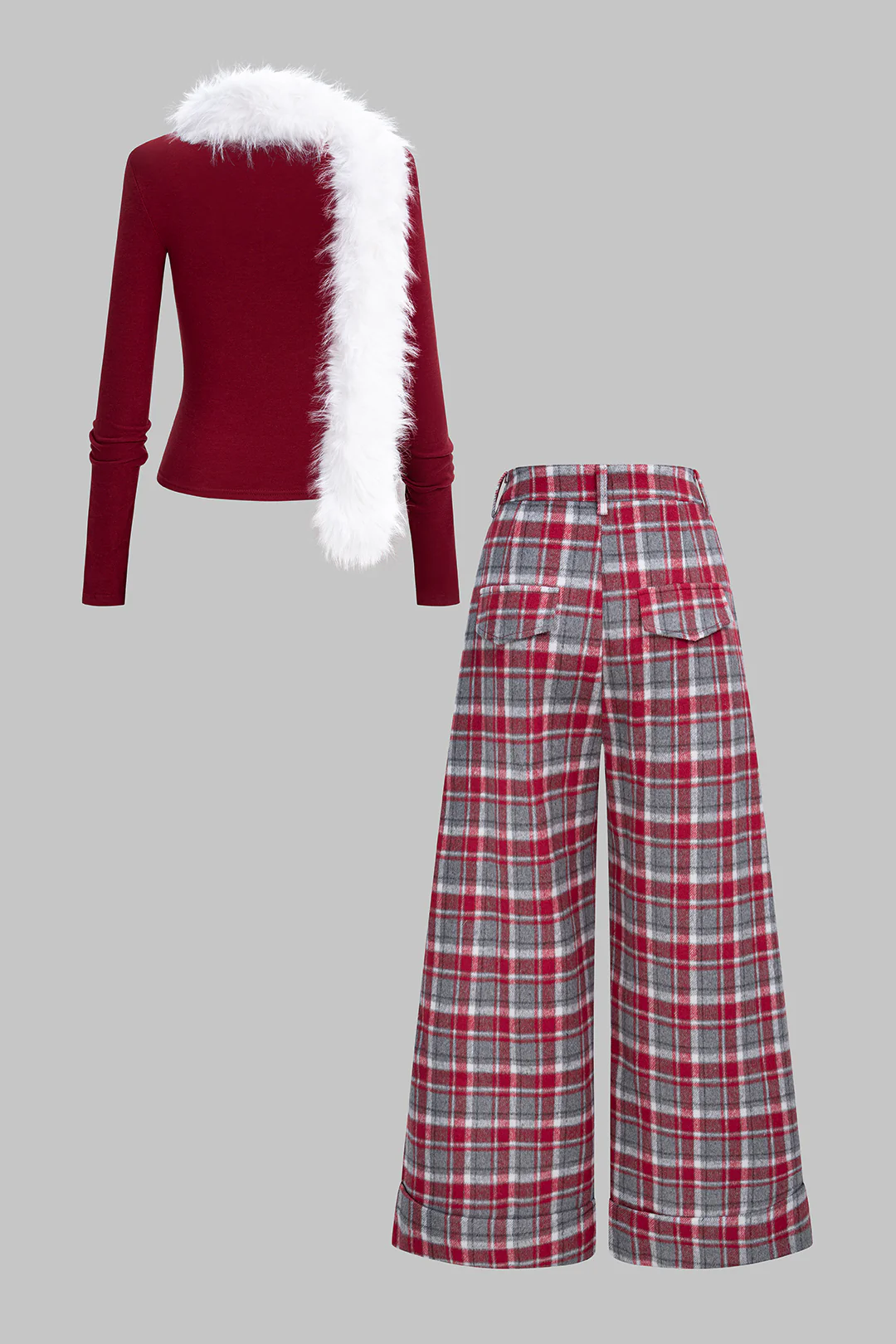 Solid V-Neck Long Sleeve Top And Plaid Print Wide Leg Pants Set With Scarf - Flockneti