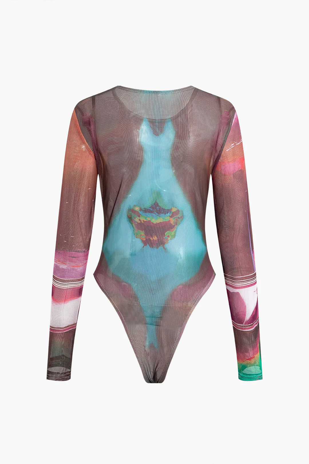 Mesh Abstract Print Round Neck Long Sleeve Bodysuit - Flockneti