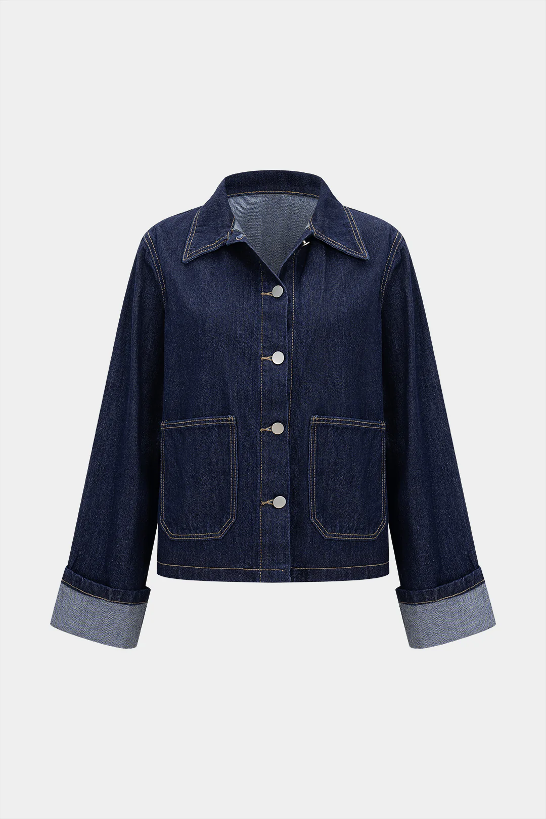 Denim Button Cuffed Long-Sleeve Top - Flockneti