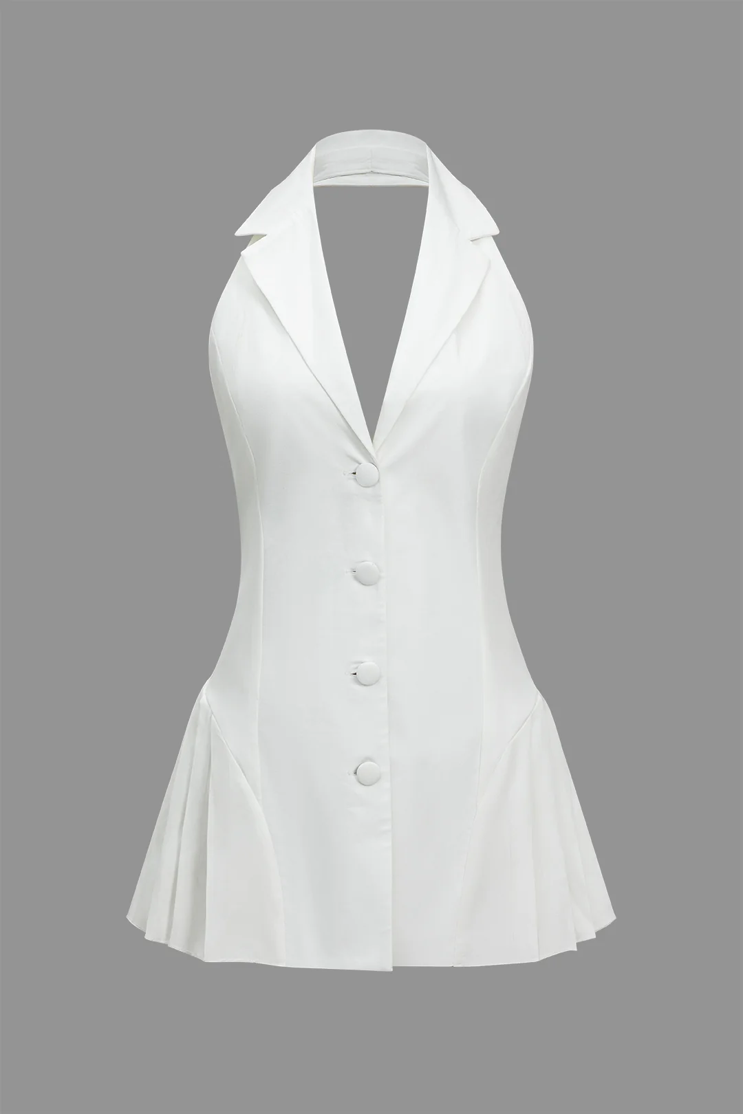 Solid Button Halter Neck Pleated Sleeveless Mini Dress - Flockneti