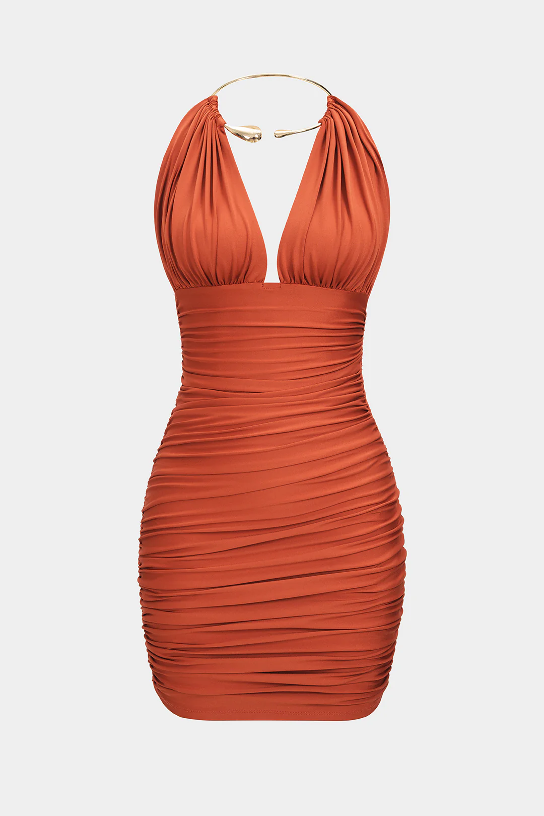Metallic Halter Backless Ruched Sleeveless Mini Dress - Flockneti