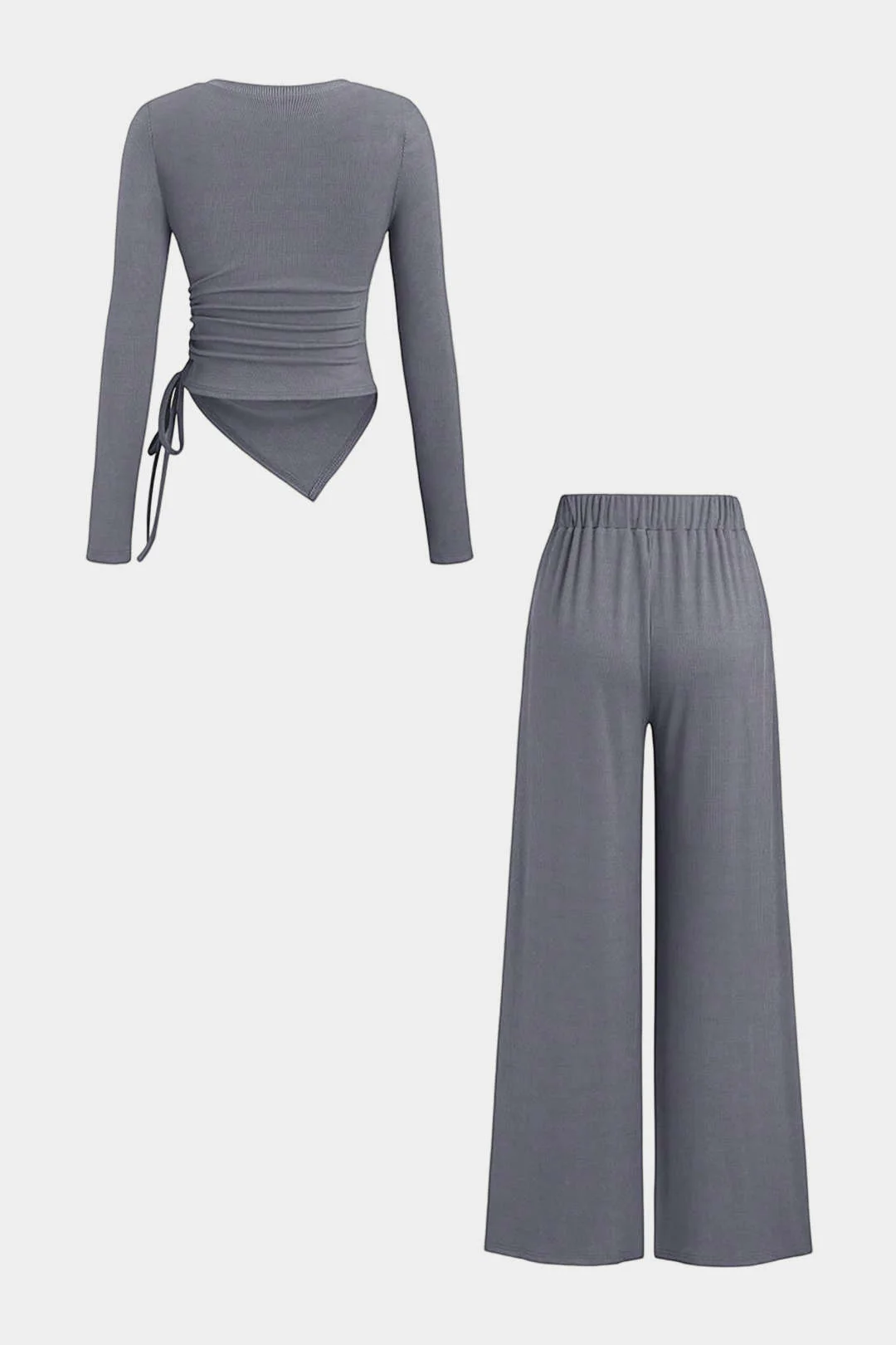 Drawstring V-Neck Ruched Long-Sleeve Top And Wide Leg Pants Set - Flockneti