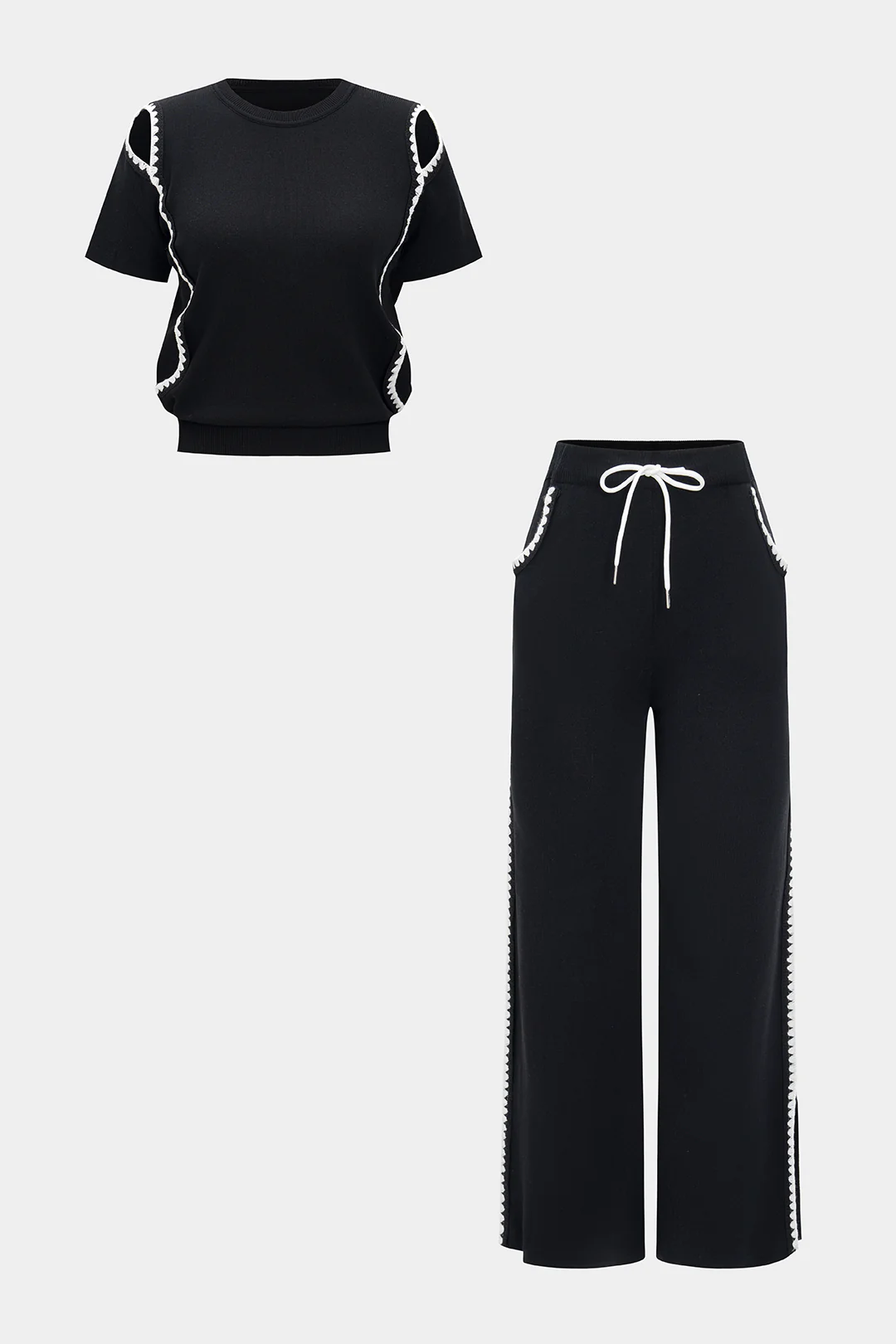 Knit Contrast Cut Out Short-Sleeve Top And Tie-Up Wide Leg Trousers Set - Flockneti