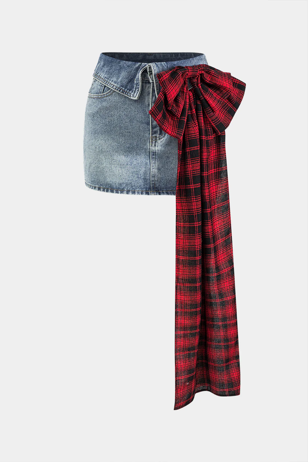 Denim Bow Patchwork Tie-Up Skirt - Flockneti