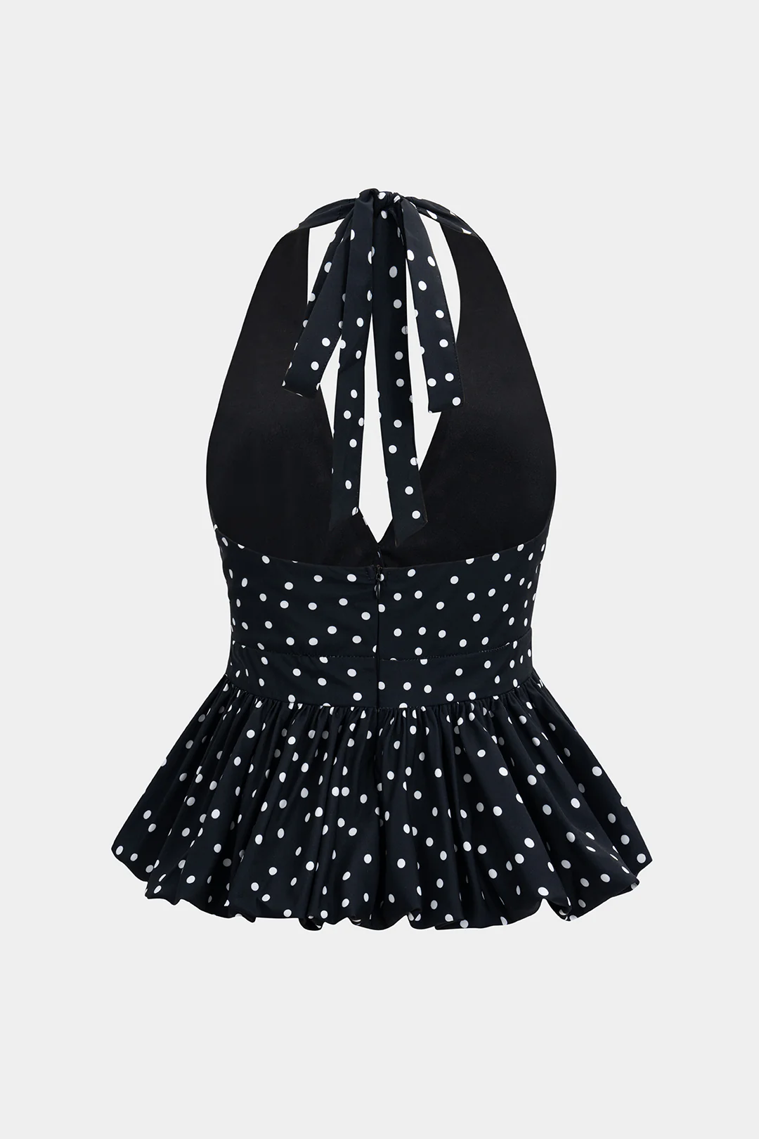 Polka Dots Print Halter Neck Tie-Up Puff Hem Backless Tank Top - Flockneti