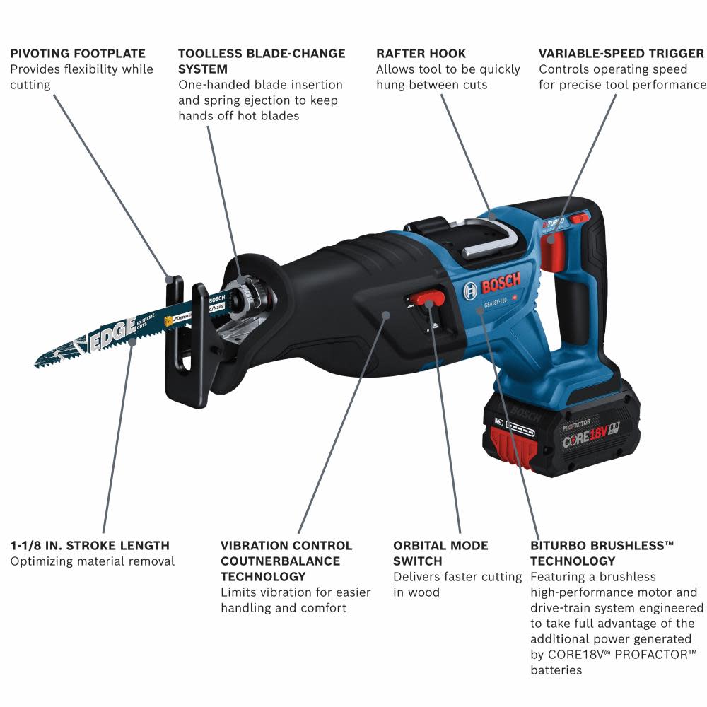 Bosch PROFACTOR 18V 1 1/8″ Reciprocating Saw Kit with CORE18V 8.0 Ah PROFACTOR Performance Battery - Flockneti
