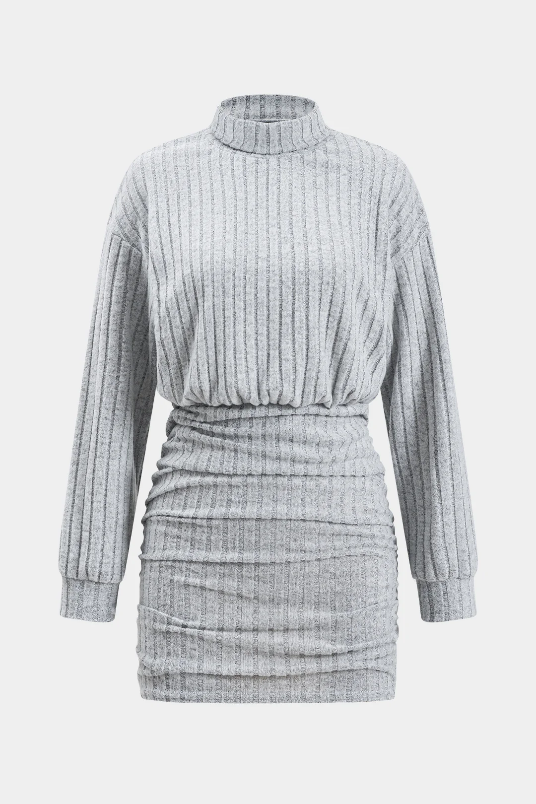 Ruched Ribbed High Neck Long Sleeve Mini Dress - Flockneti