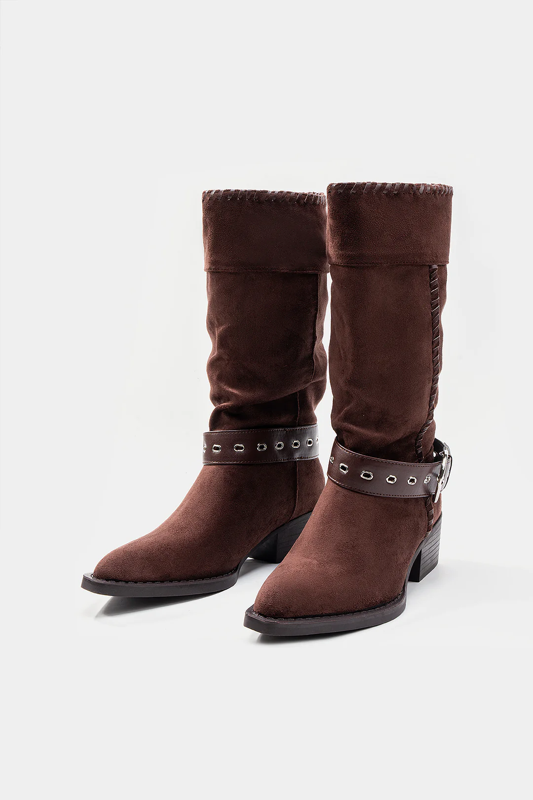 Suede Belted Buckle Pointed Mid Calf Boots - Flockneti