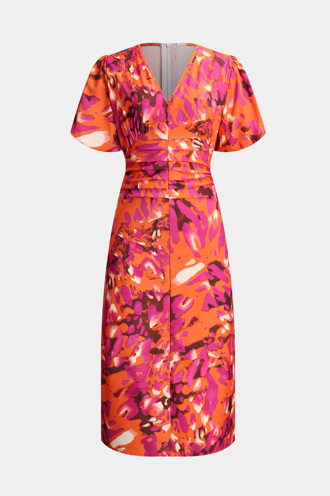 Watercolor Print Pleated V-Neck Puff Short Sleeve Midi Dress - Flockneti