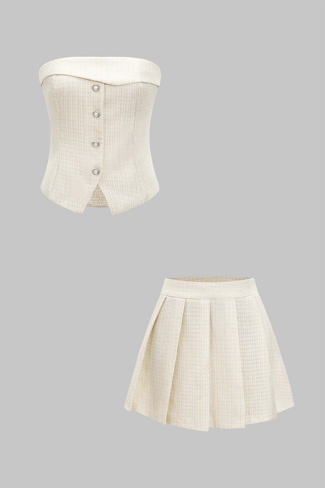 Pearl Button Tube Top And Pleated Skirt Set - Flockneti