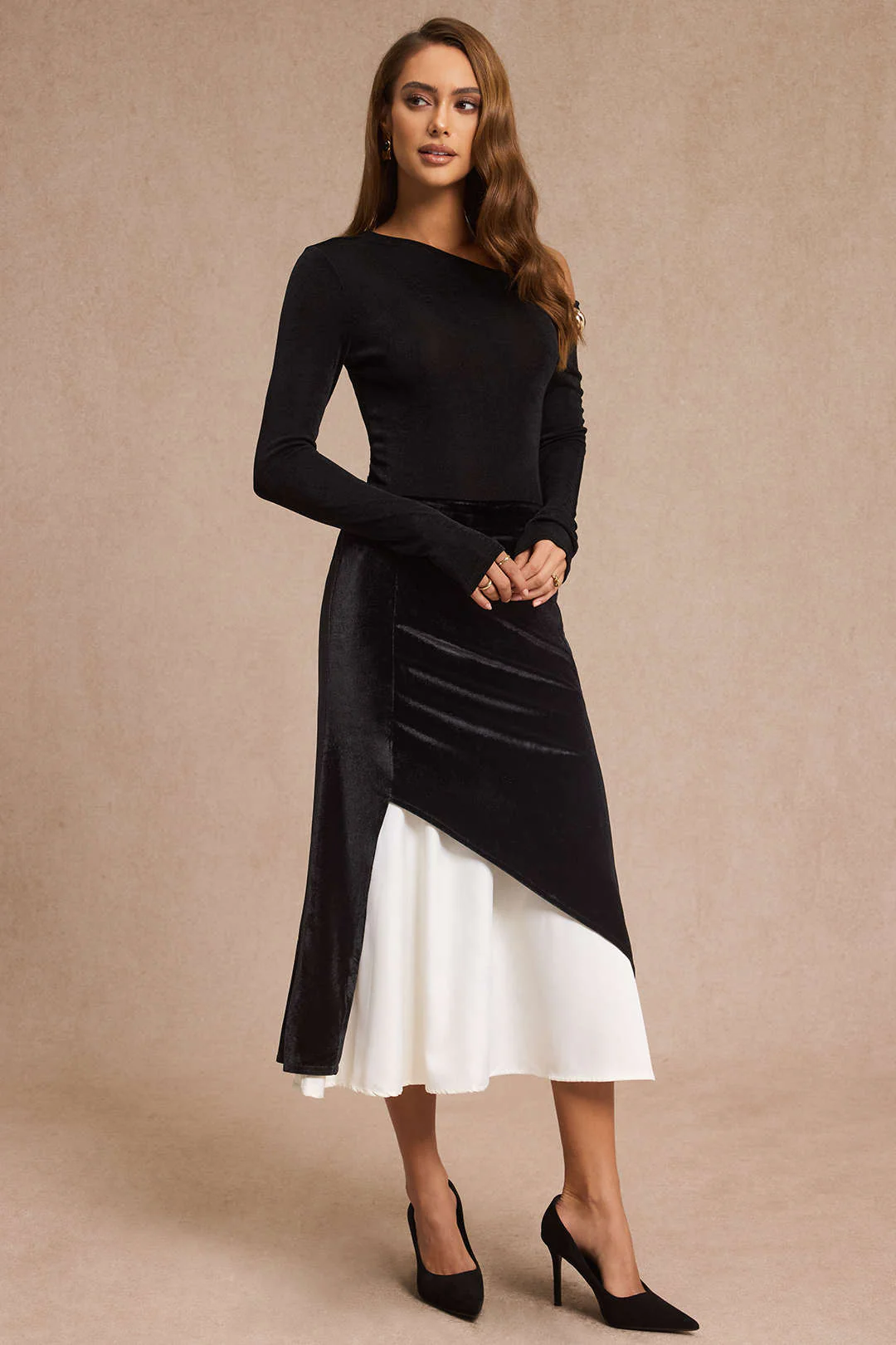 Velvet Patchwork Asymmetrical High Waist Skirt - Flockneti