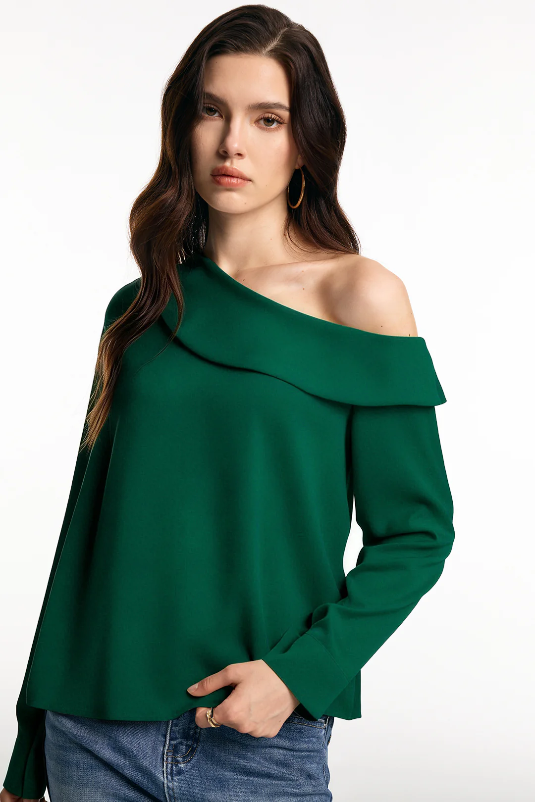 Satin One Shoulder Asymmetrical Long-Sleeve Shirt - Flockneti