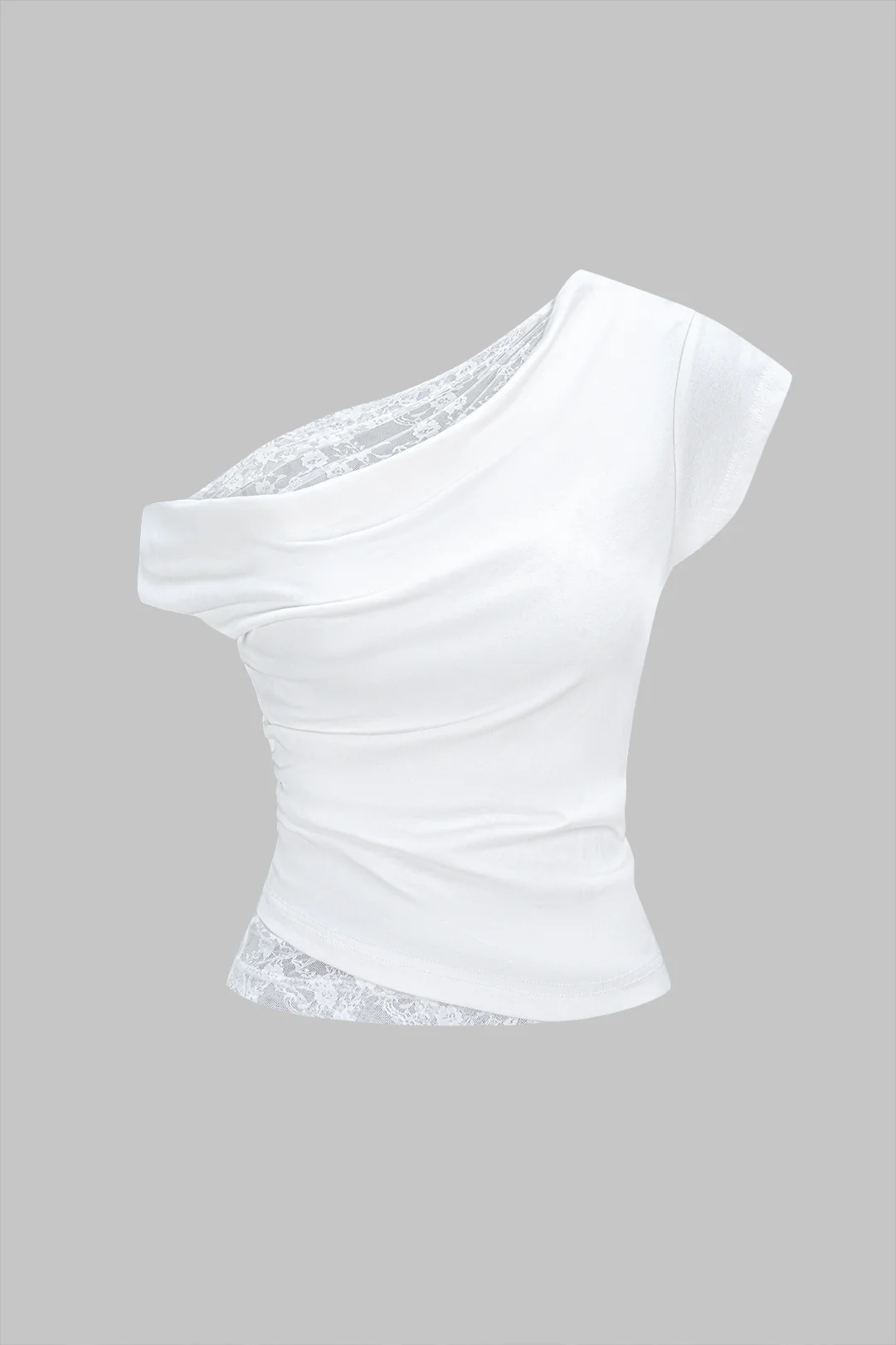Lace Patchwork One Shoulder Ruched Short Sleeve T-Shirt - Flockneti