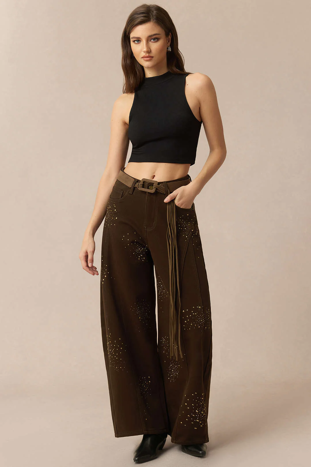 Denim Rhinestone Cecor Blted Wide Leg Jeans - Flockneti
