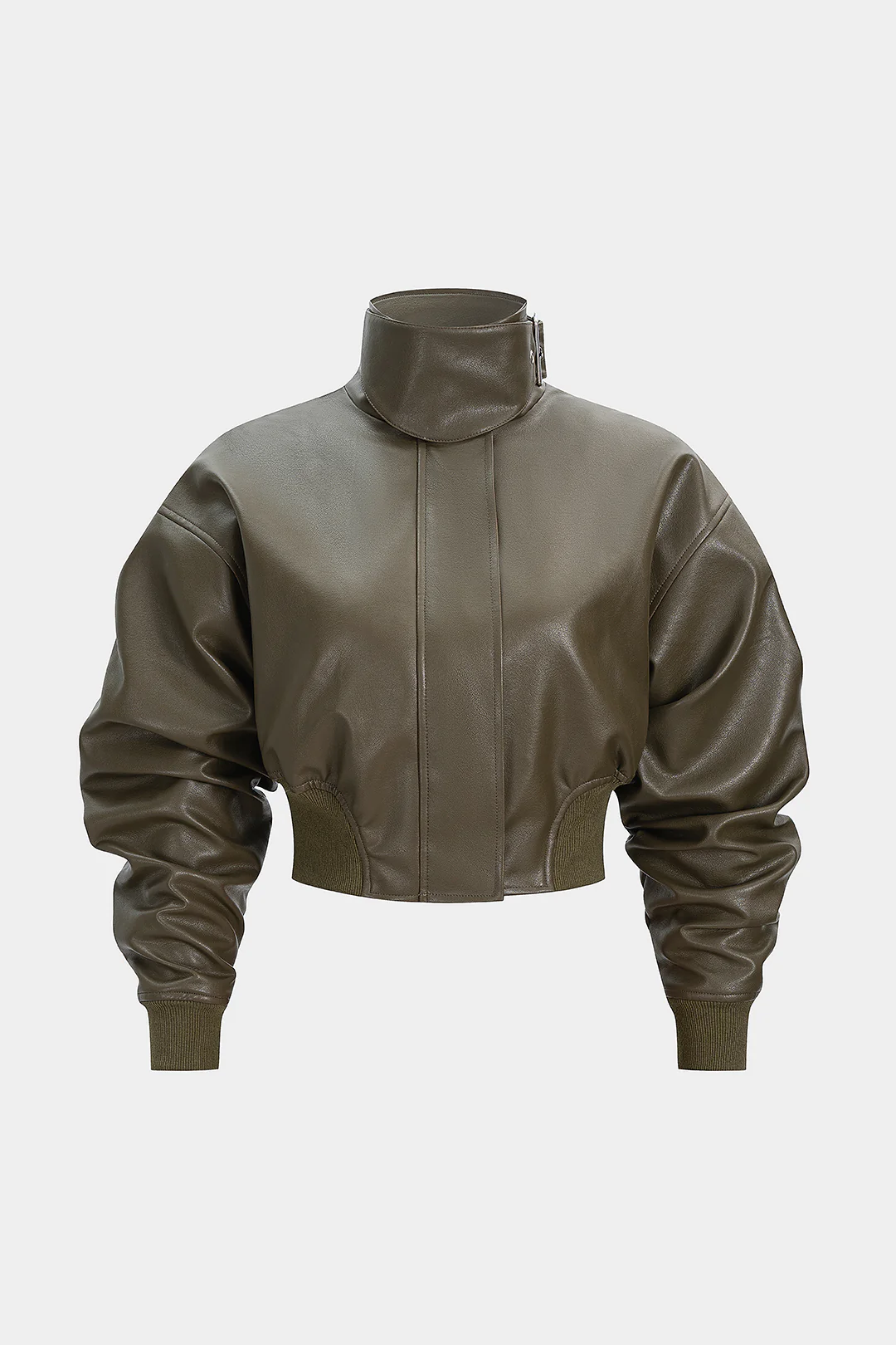 Faux Leather Stand Collar Zipper Jacket - Flockneti