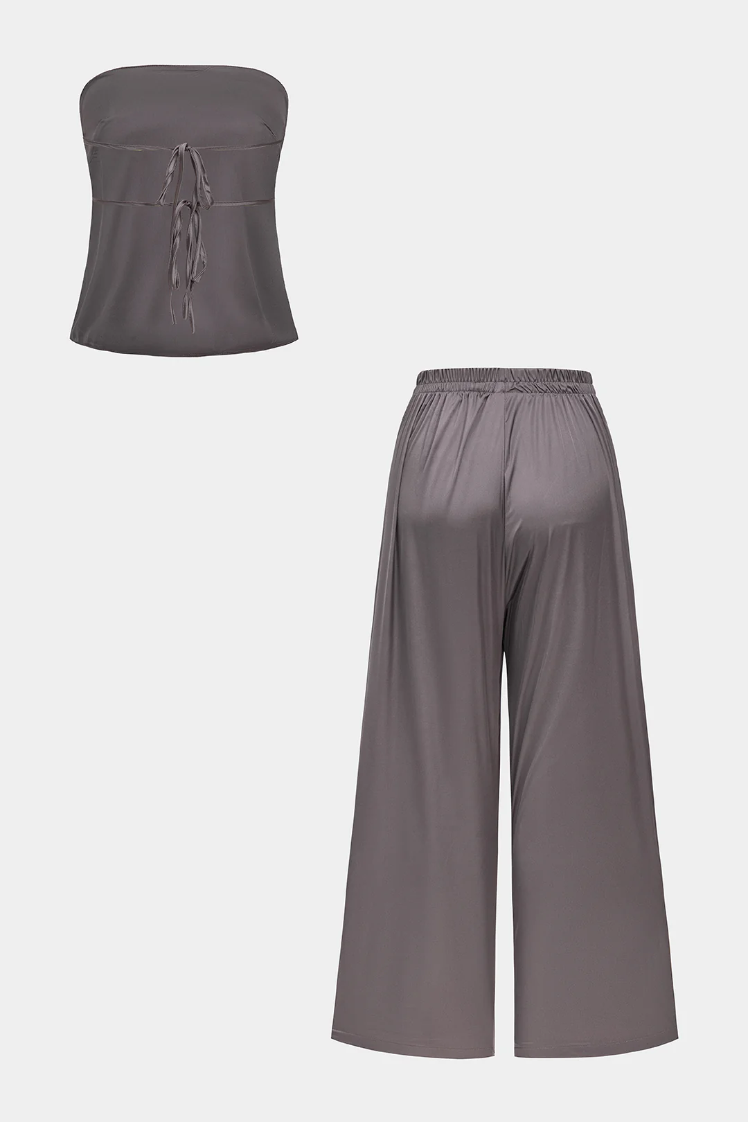 Backless Tie Up Tube Top And Shirred Trousers Set - Flockneti