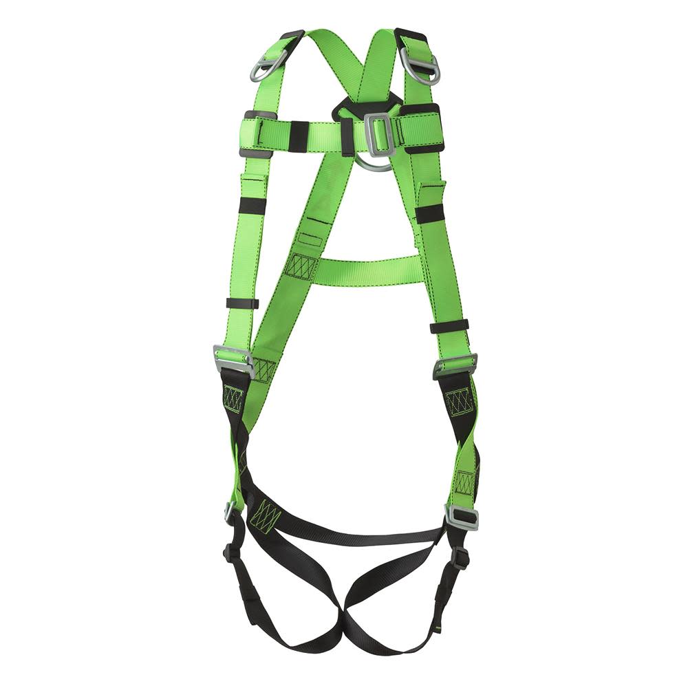 Peakworks Full Body Safety Harness 5-Point Adjustment with Fall Indicator Back and Shoulder D-Rings Pass Thru Leg Buckles Hi-Vis Green/Black Universal Fit - Flockneti
