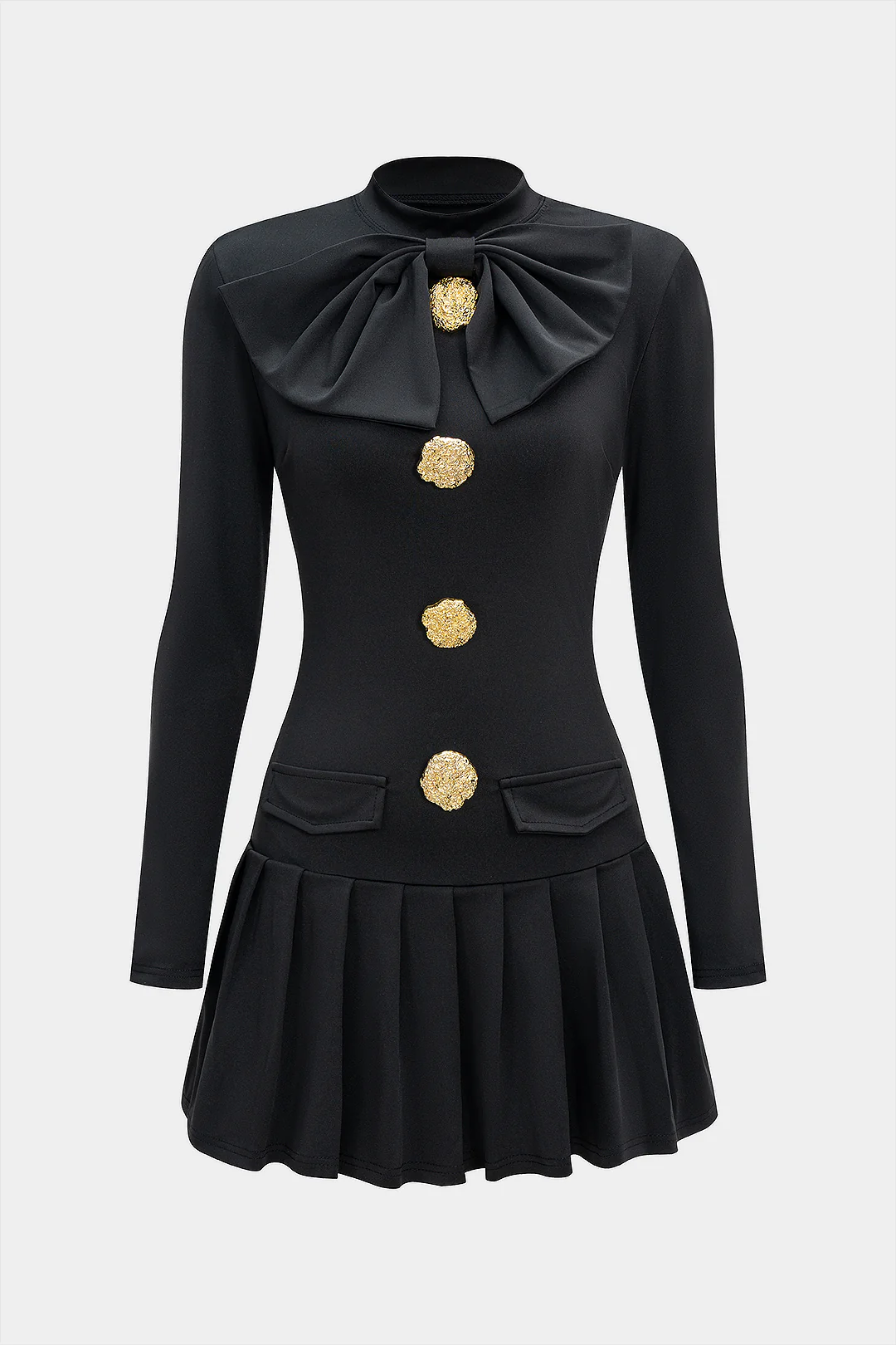 Metallic Button Bow Pleated Long Sleeve Mini Dress - Flockneti