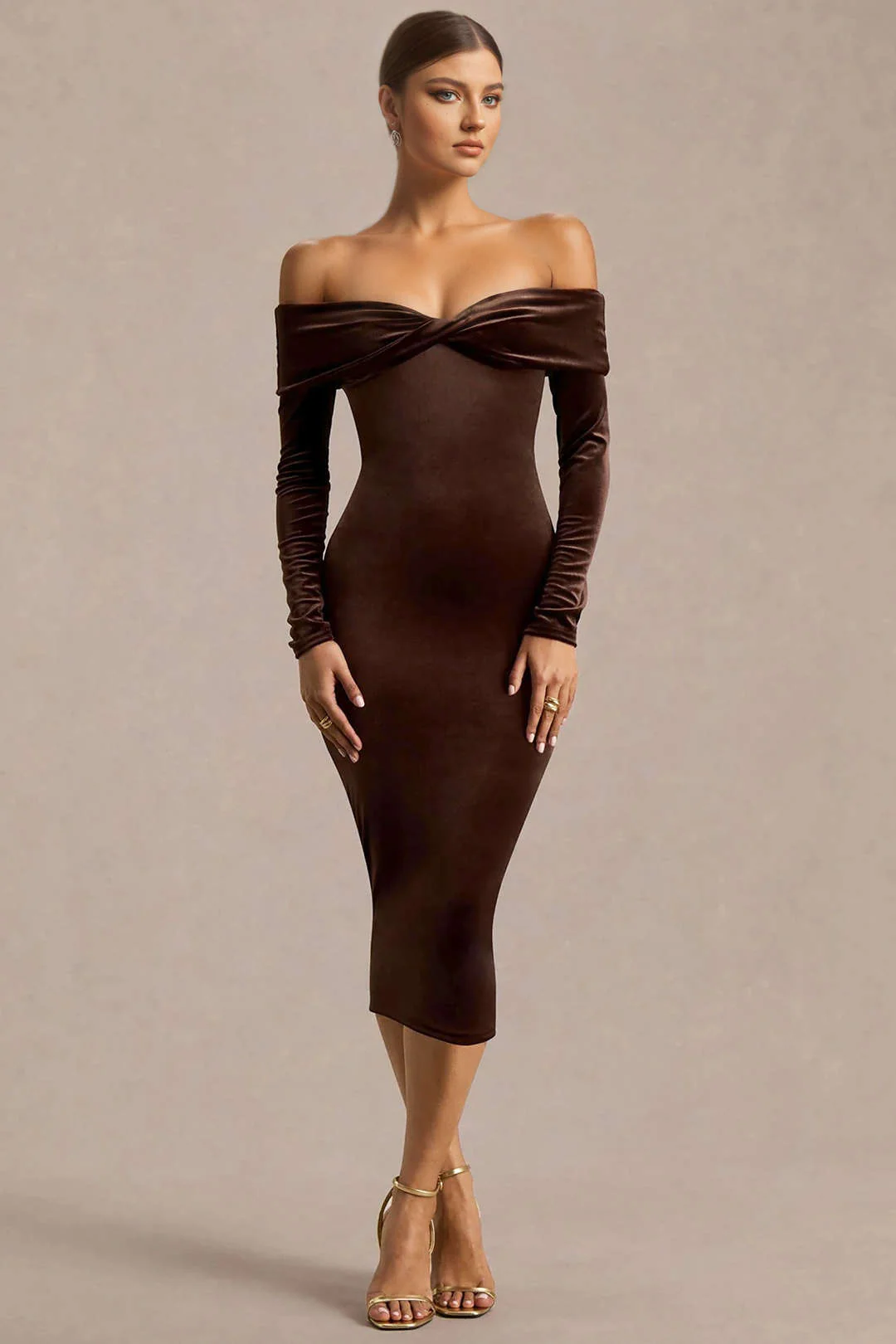 Velvet Patchwork Off Shoulder Long-Sleeve Midi Dress - Flockneti