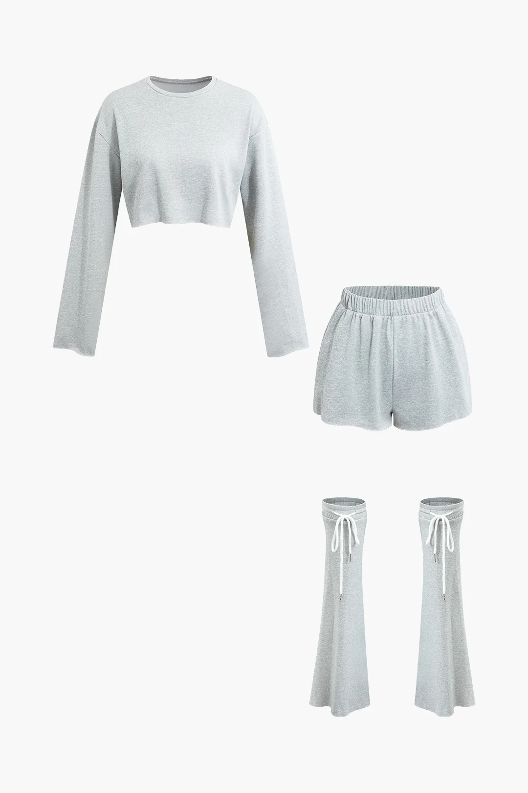 3PC Solid Long Sleeve Top And Tie-Up Leg Shorts Set - Flockneti