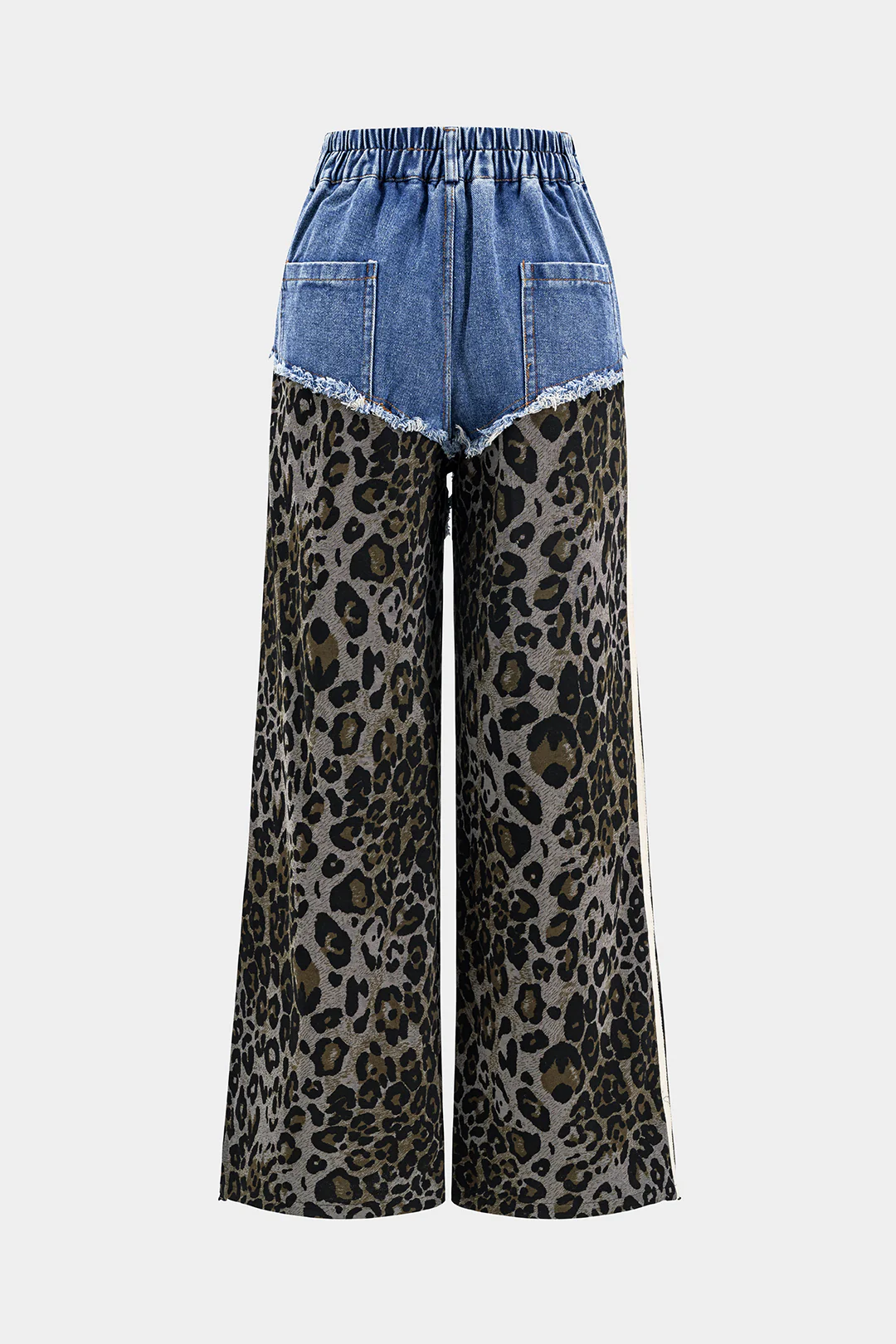 Leopard Print Denim Patchwork Button Pocket Wide Leg Jeans - Flockneti