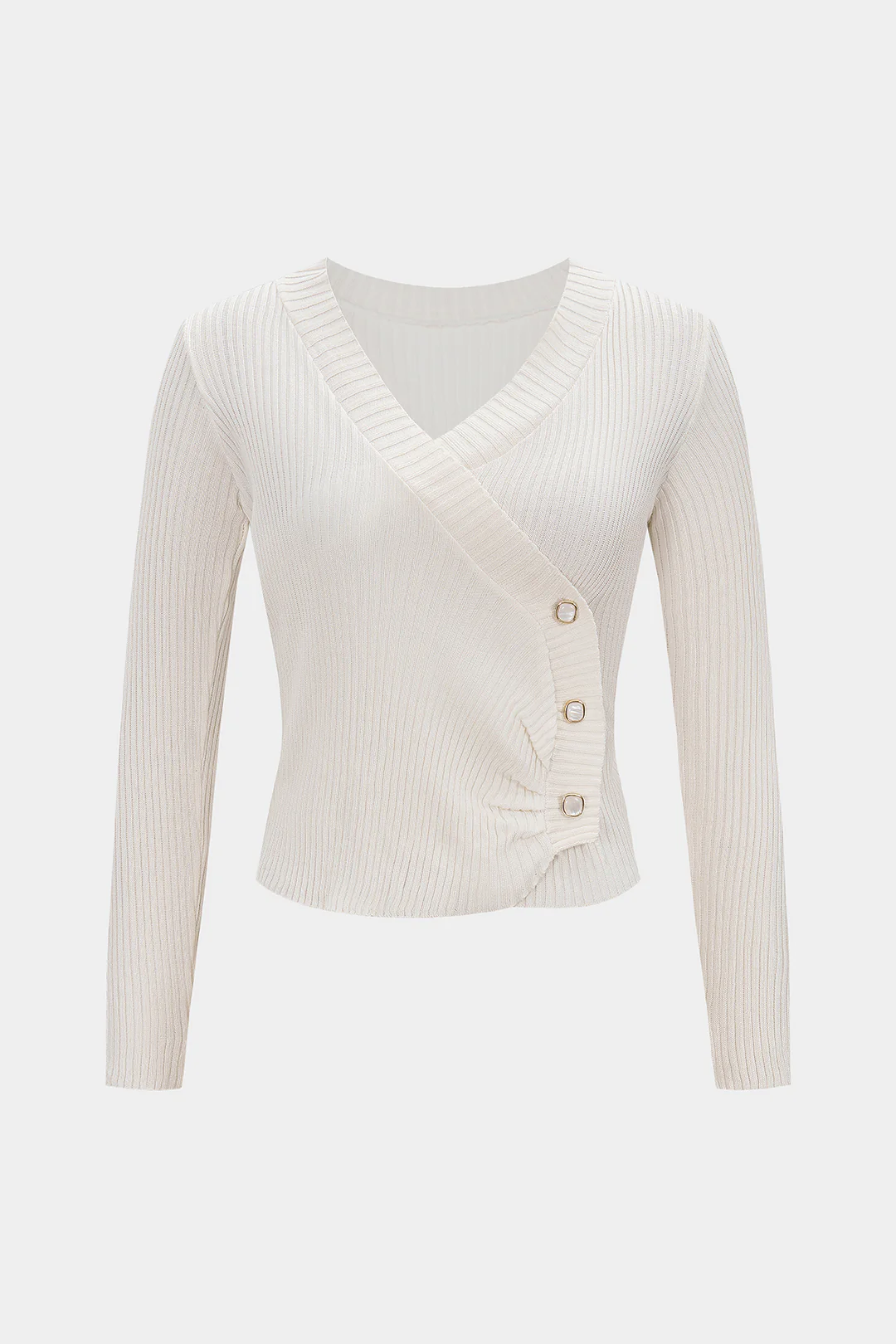 Knit Ribbed V-Neck Long-Sleeve Top - Flockneti