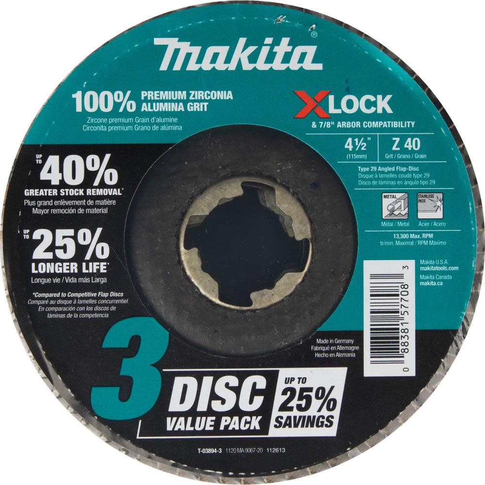 Makita X-LOCK 4 1/2″ Angled Grinding and Polishing Flap Disc for X-LOCK and All 7/8″ Arbor Grinders 40 Grit Type 29 3pk - Flockneti