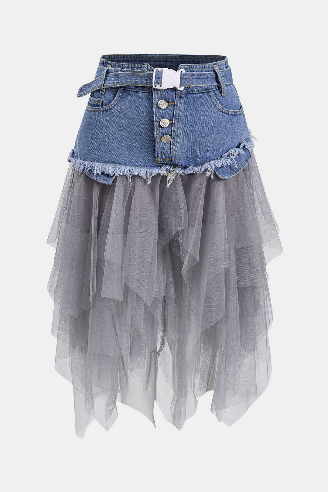 Denim Mesh Patchwork Belted Button Pocket Skirt - Flockneti
