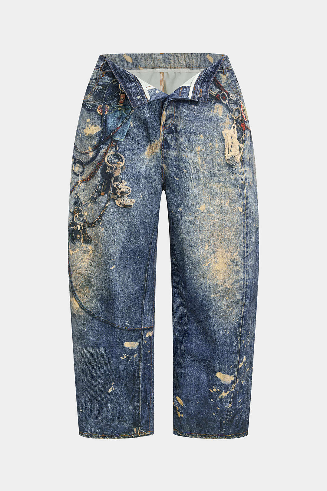 Plus Size Abstract Watercolor Print Button Pocket Trousers - Flockneti