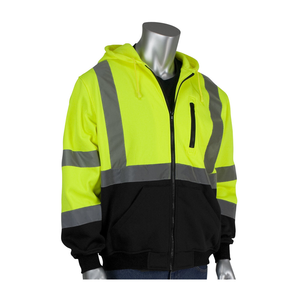 Protective Industrial Products ANSI R3 Full Zip Hooded Sweatshirt Hi Vis Lime Yellow Small - Flockneti