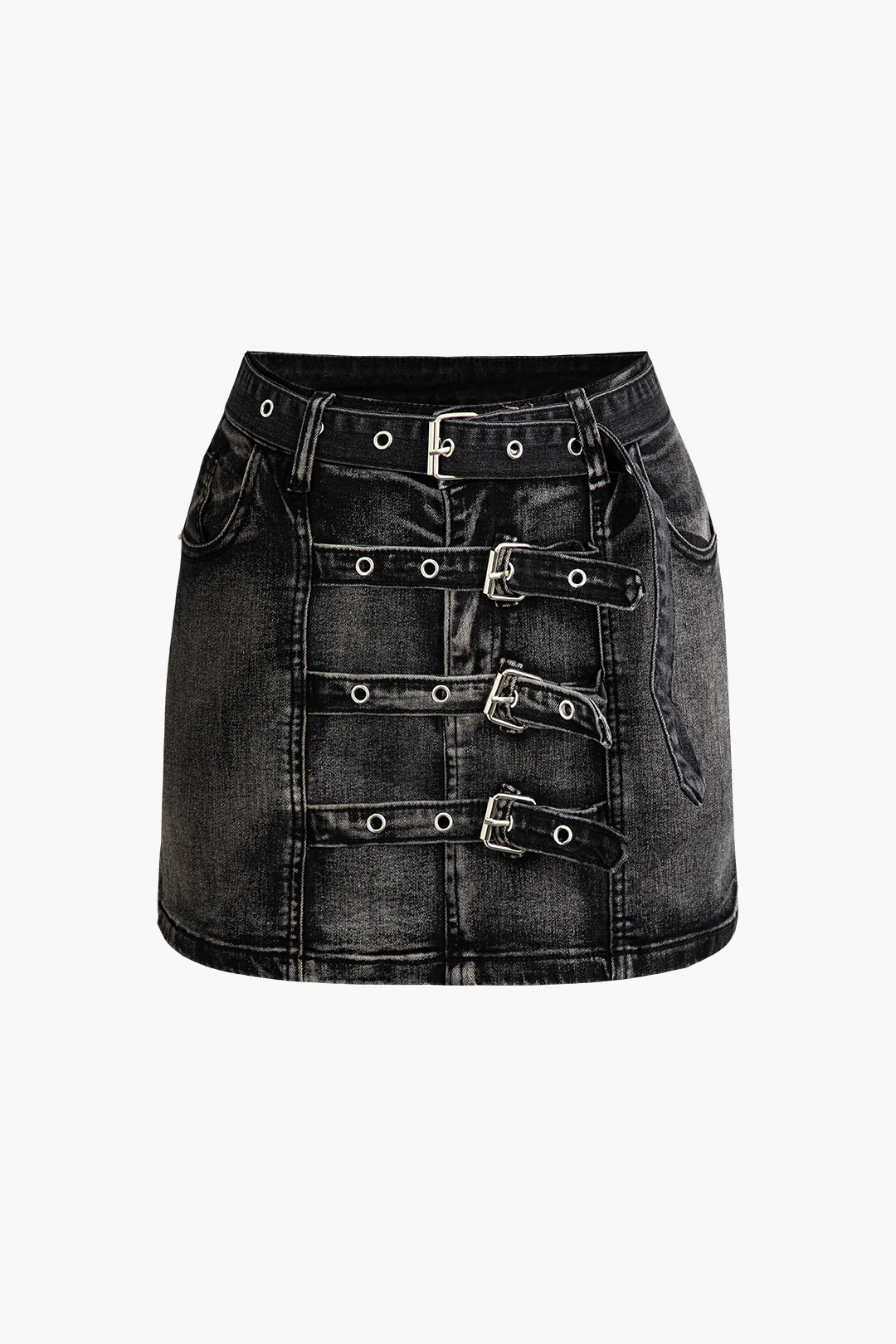Denim Multiple Button Belted Skirt - Flockneti