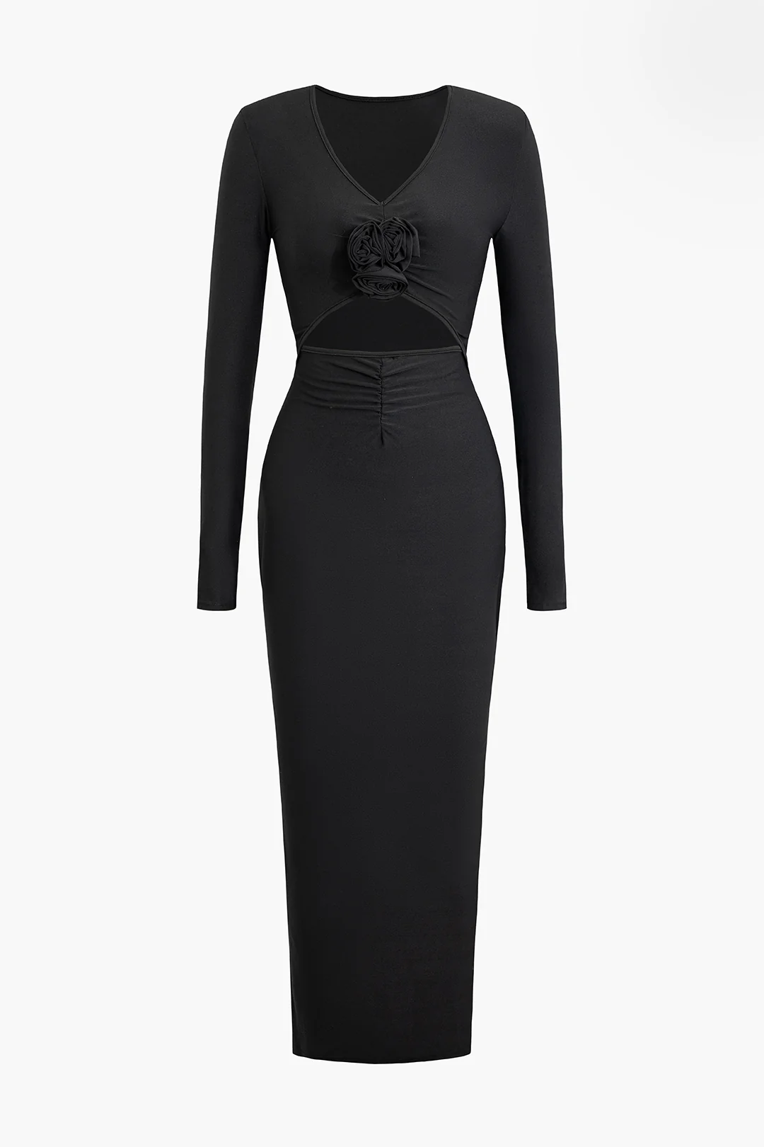 3D Flower Decor V-Neck Cut Out Long Sleeve Maxi Dress - Flockneti