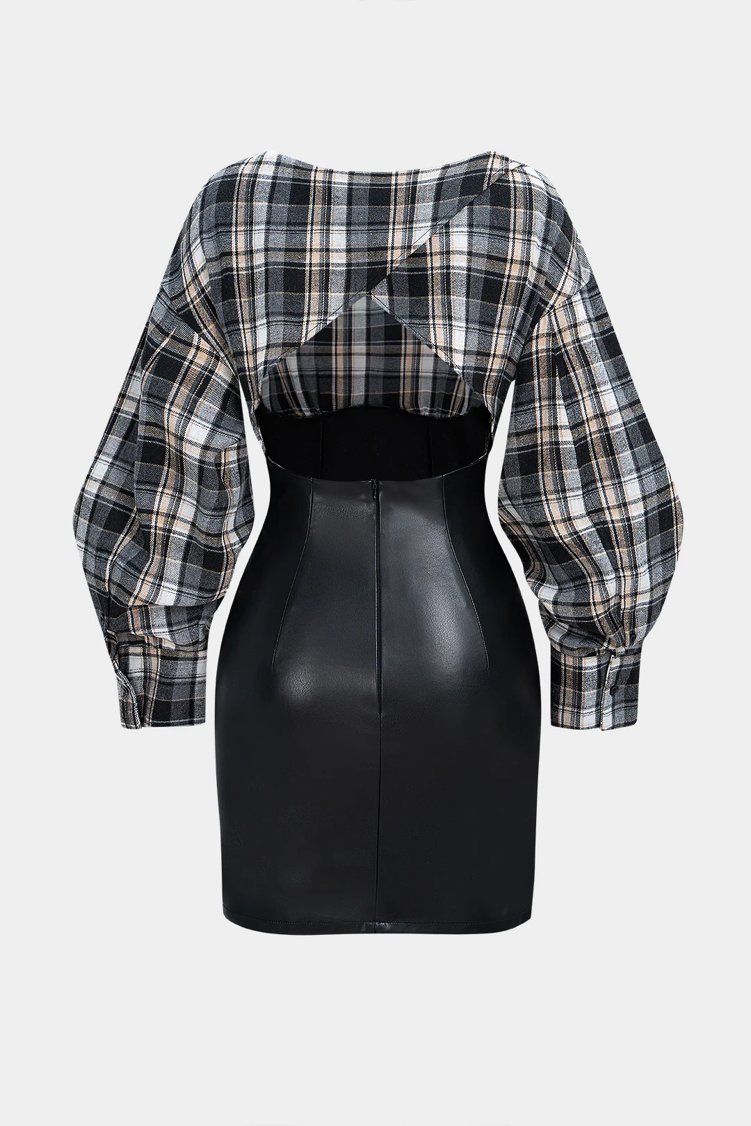 Plaid Print Faux Leather Patchwork Long Sleeve Mini Dress - Flockneti