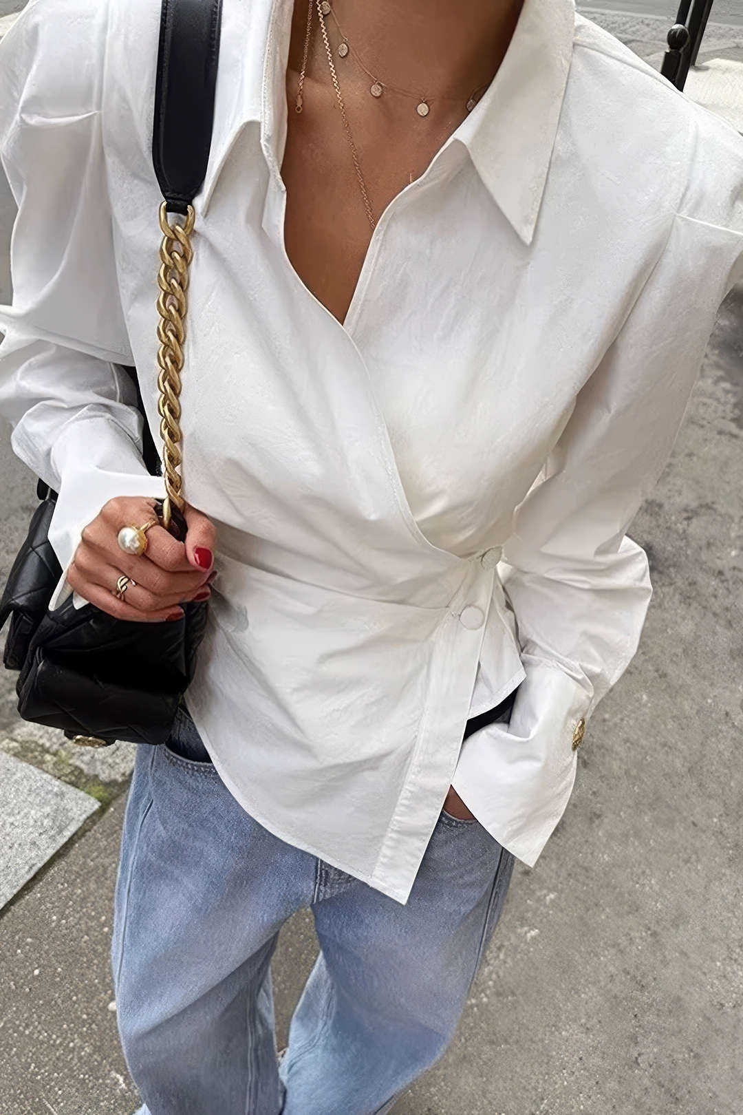 V-Neck Asymmetrical Tie Back Long-Sleeve Shirt - Flockneti