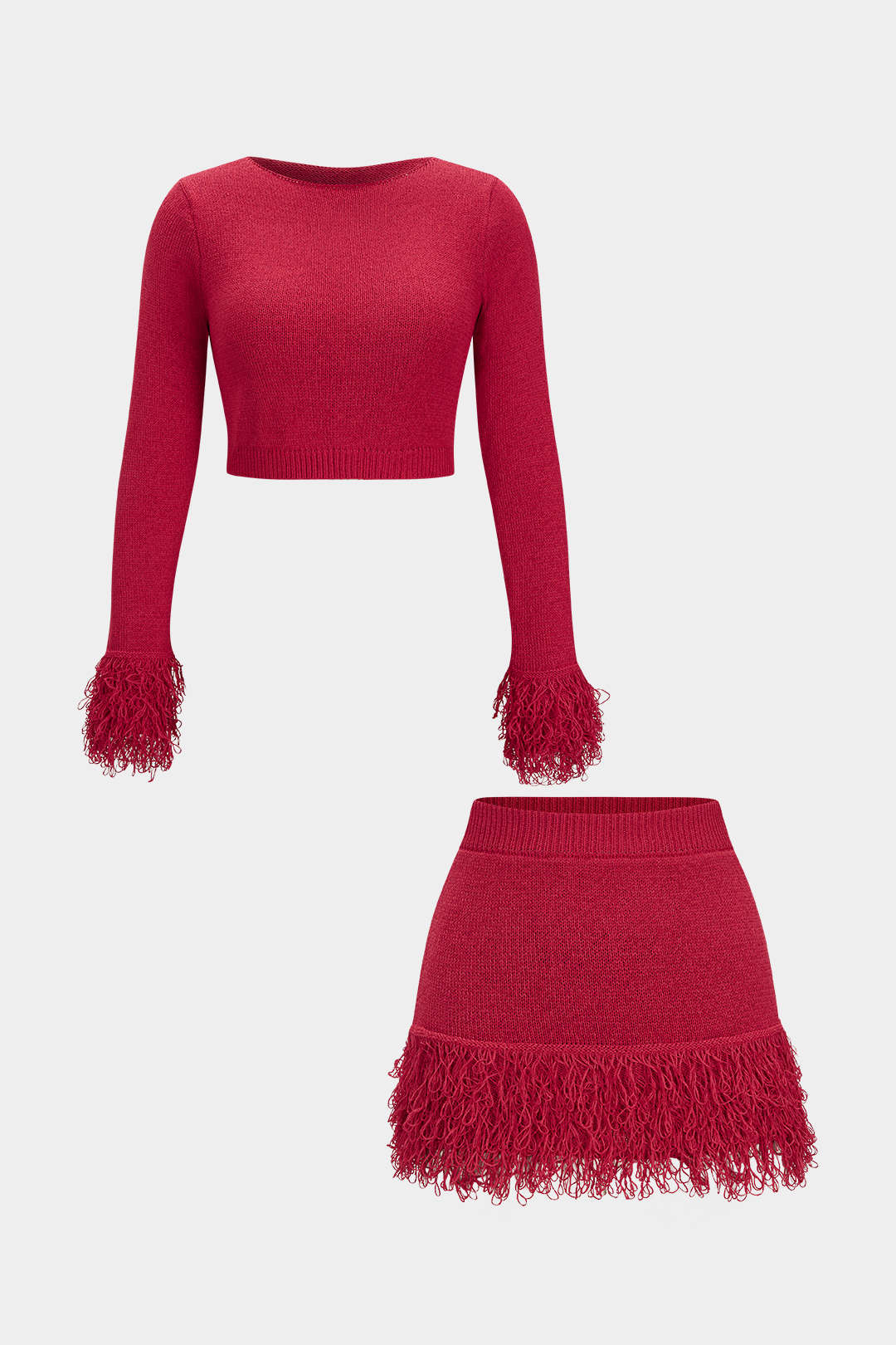 Knit Fringe Long Sleeve Top And Mini Bodycon Skirt Set - Flockneti