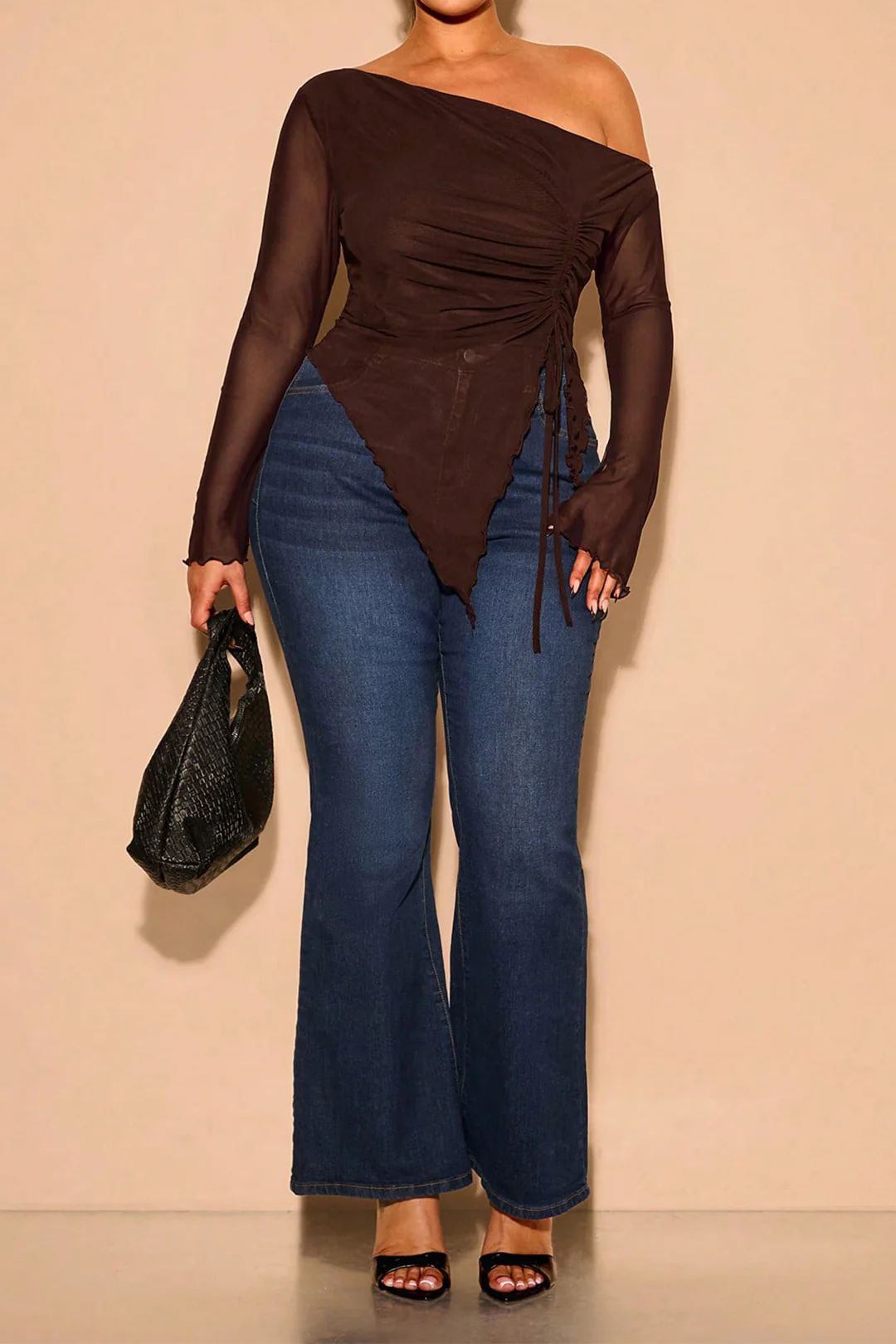 Plus Size Mesh One Shoulder Ruched Long-Sleeve Top - Flockneti
