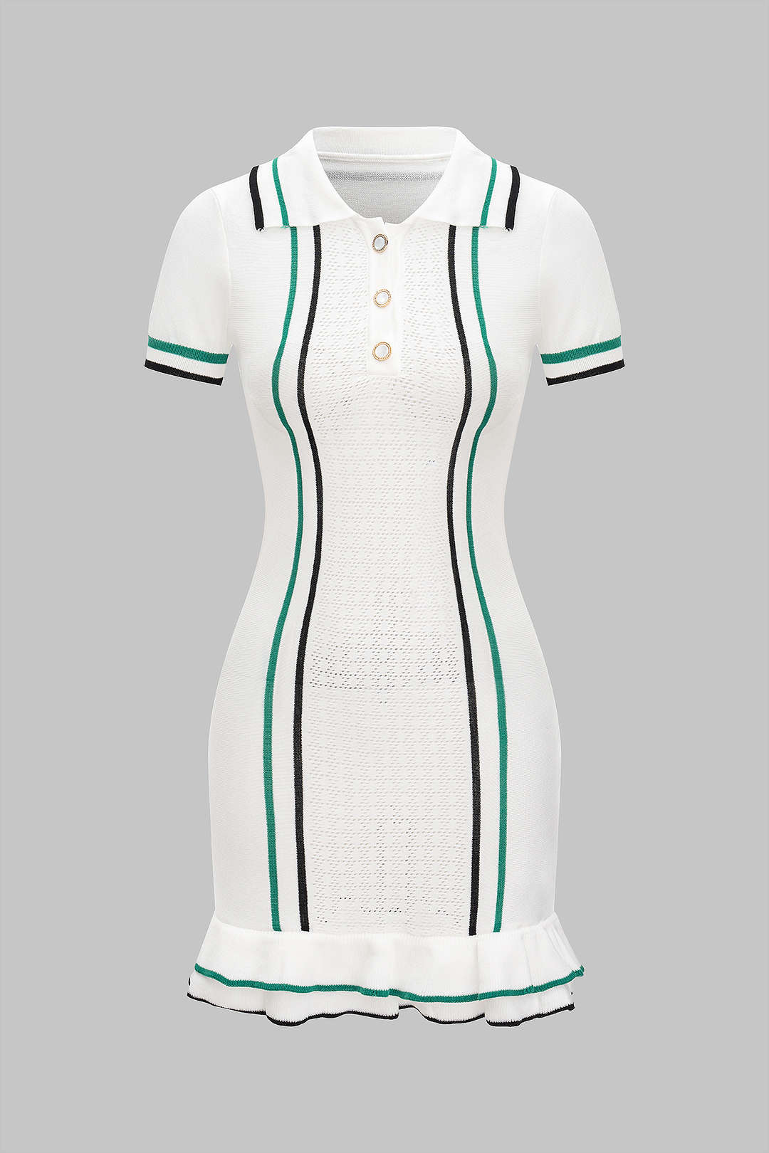 Knit Contrast Button Ruffle Short Sleeve Dress - Flockneti