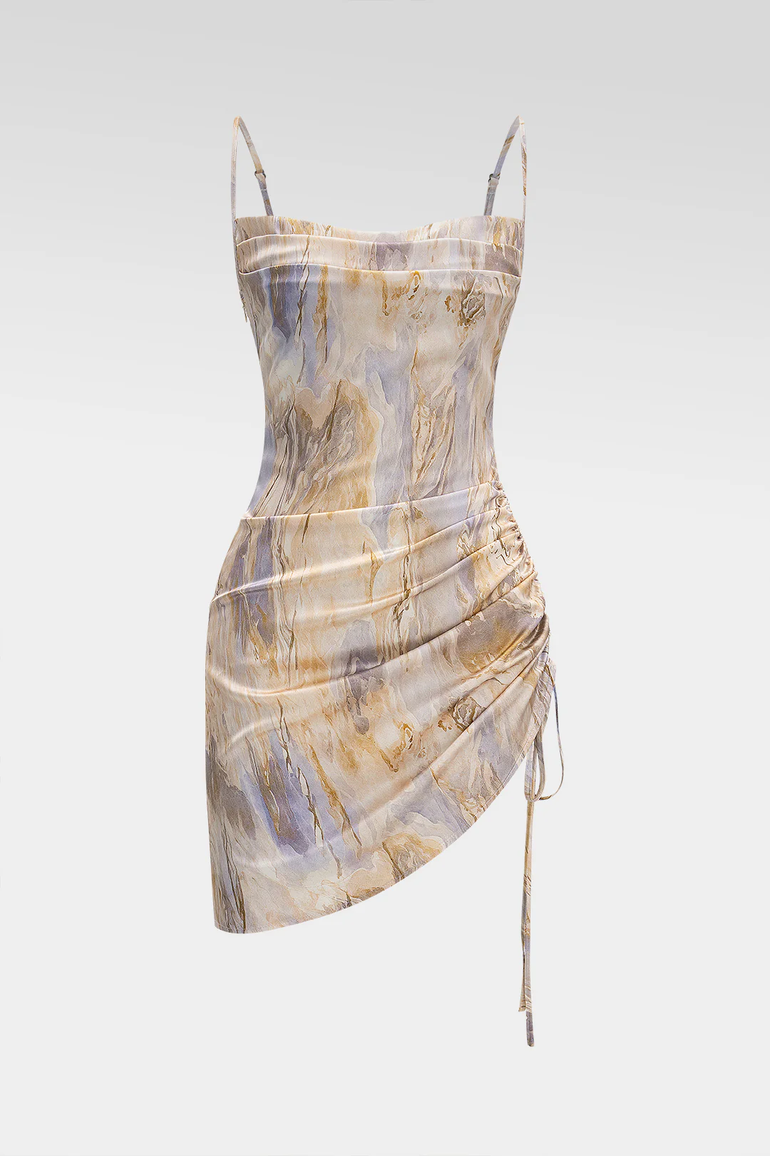 Marble Print Satin Ruched Drawstring Asymmetrical Sleeveless Mini Dress - Flockneti