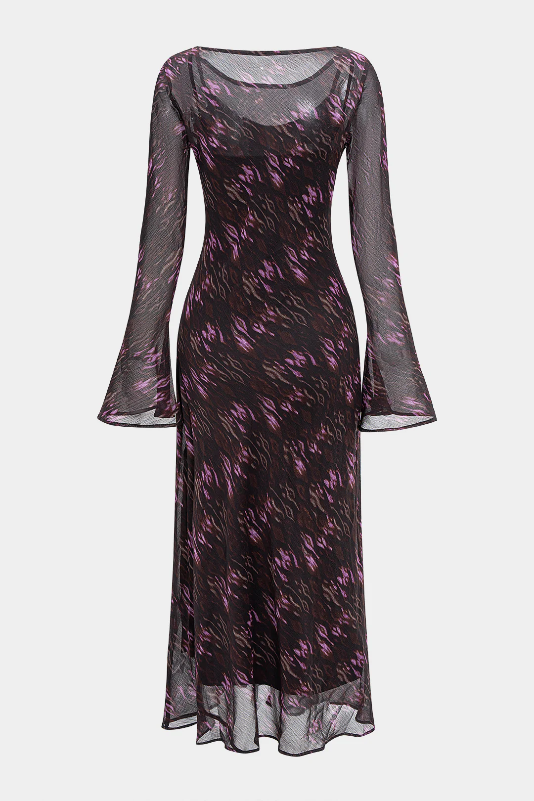 Abstract Leopard Print Chiffon Ruched Long Sleeve Maxi Dress - Flockneti