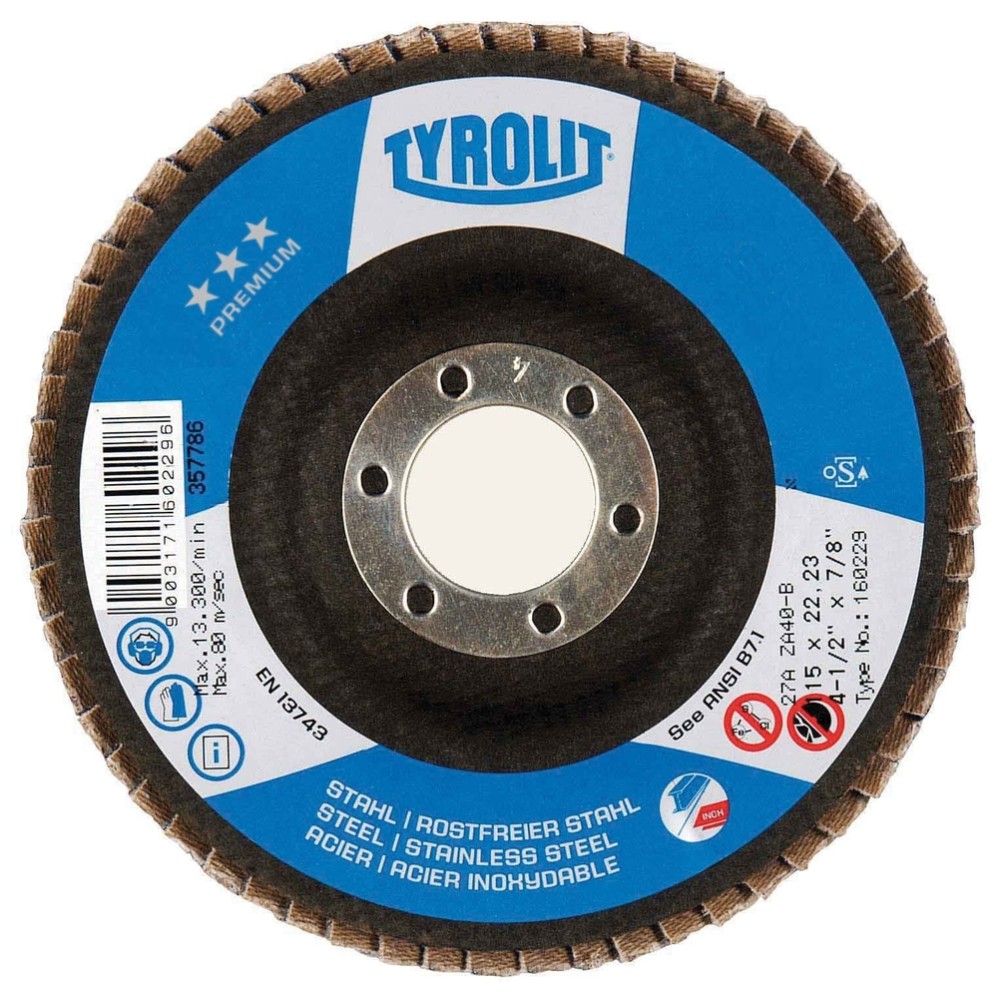 Diamond Products Tyrolit PREMIUM 4-1/2″X7/8″ Zirconia Flap Discs for Steel and Stainless Steel -Type 29 - Flockneti