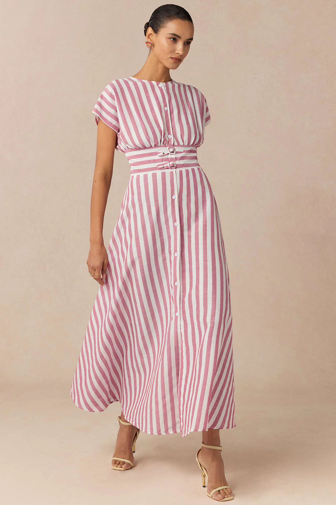 Stripes Print Round Neck Button Flutter Sleeve Dress - Flockneti