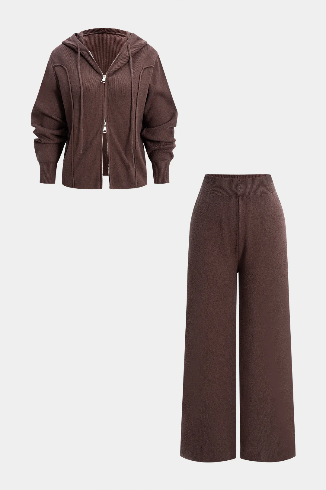 Knit Zipper Hooded Sweater Caedigan And Wide Leg Pants Set - Flockneti