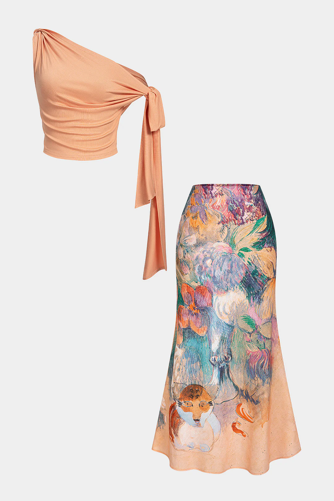 Linen Patchwork One Shoulder Tie-Up Tank Top And Floral Print Skirt Set - Flockneti