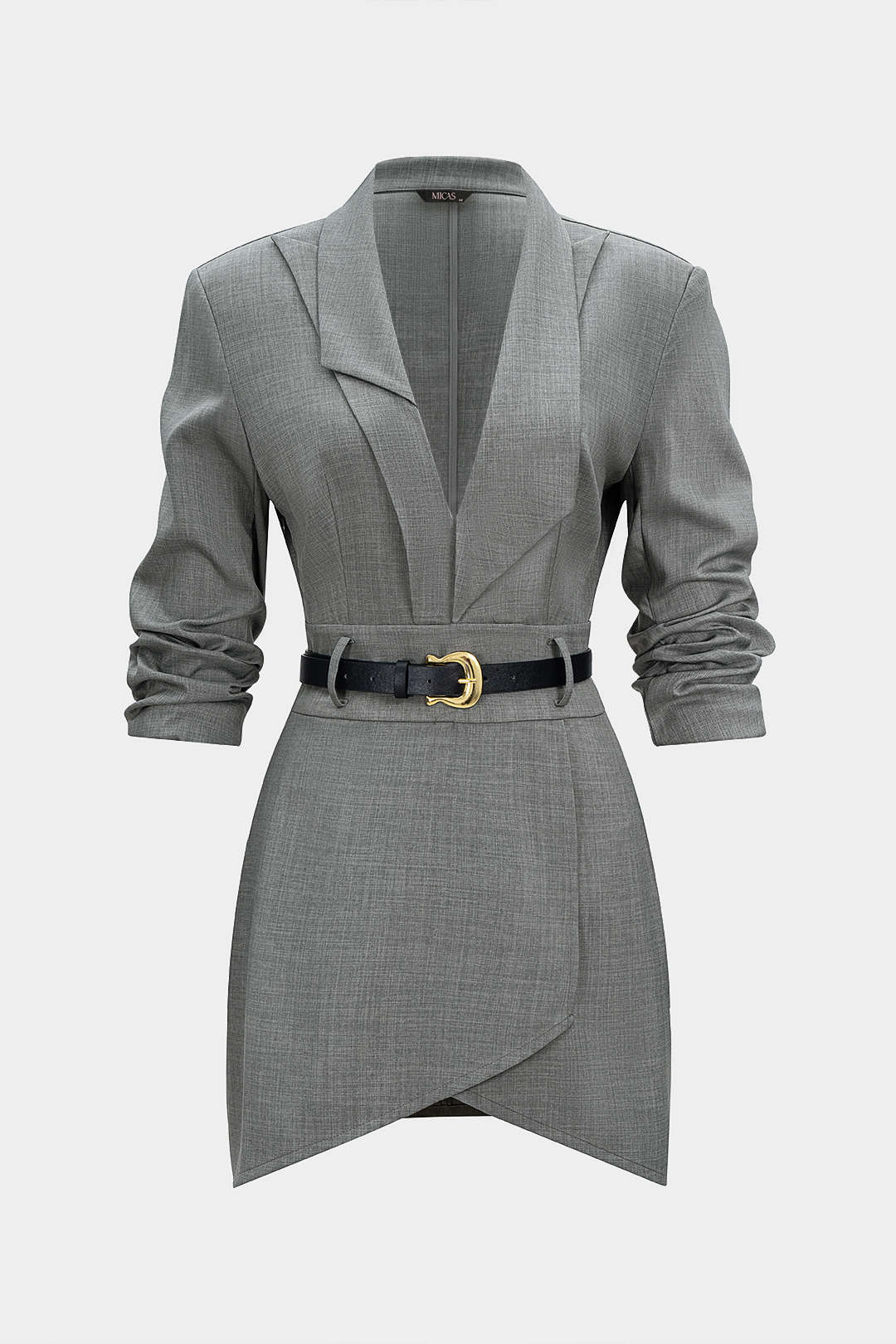 Asymmetrical Notched Lapel Belted Long Sleeve Mini Dress - Flockneti