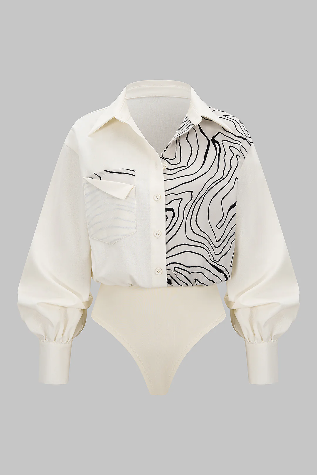 Abstract Print Patchwork Button Pocket Long Sleeve Bodysuit - Flockneti